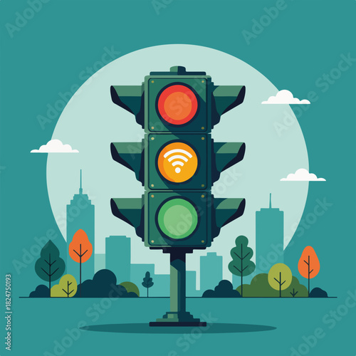Smart city traffic light with Wi-Fi icon. Internet of Things and urban technology concept. Flat design vector illustration