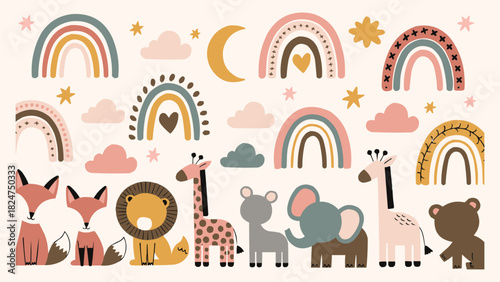 Boho safari animals with rainbows, stars, and clouds in soft pastel tones for nursery vector illustration set