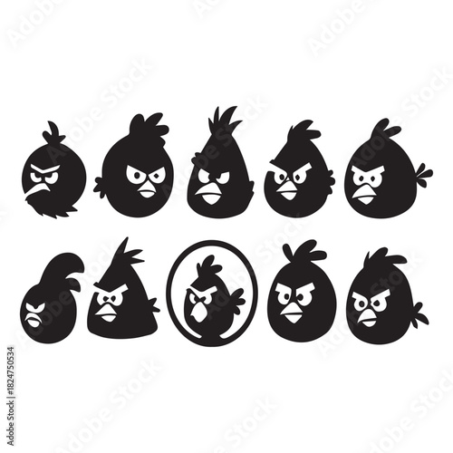 Furious love birds in silhouette form, captured in ten dramatic poses on white background