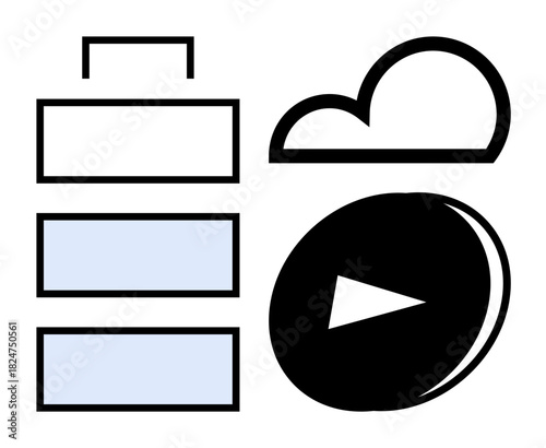 Battery-thumbs up stacked bars, cloud shape, and play button disk symbolize energy storage, cloud computing, and digital media streaming. Ideal for tech, innovation, data, energy cloud media