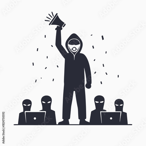 A masked person stands with megaphone above a group using laptops in silhouette