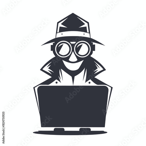 Cartoonish figure wearing a trench coat and hat is working on a laptop
