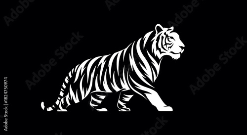 Majestic striped tiger, a powerful big cat predator, elegantly walks in a striking monochrome illustration, embodying wild strength and sleek graphic design