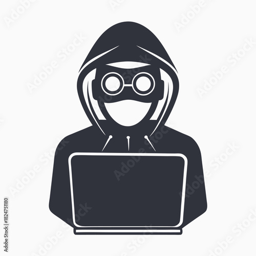 Dark shows hooded figure in glasses using a laptop against white backdrop