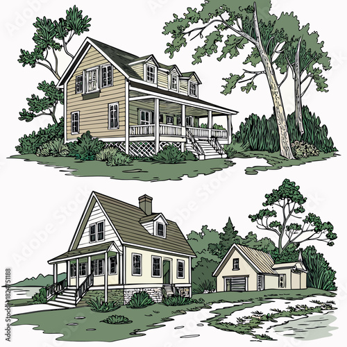 Coastal Country Homes Set. Two Houses with Porches, Dormers, Trees, and Lakeside Scenery