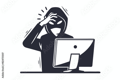 Confused hacker with mask and hood scratches head while facing computer monitor with worry