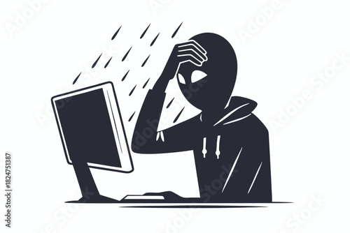 Depressed alien in hoodie struggles with computer amid falling rain monochrome image