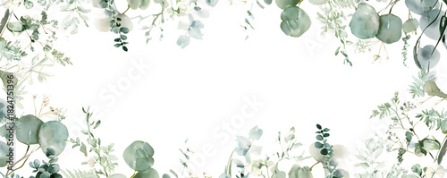 Elegant watercolor frame with eucalyptus leaves and greenery. Botanical border illustration for a wedding invitation card. Horizontal banner with copy space
