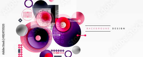 Abstract geometric composition. Circles, squares, lines create dynamic visual effect. Pink, purple, gray tones dominate design. Modern style.