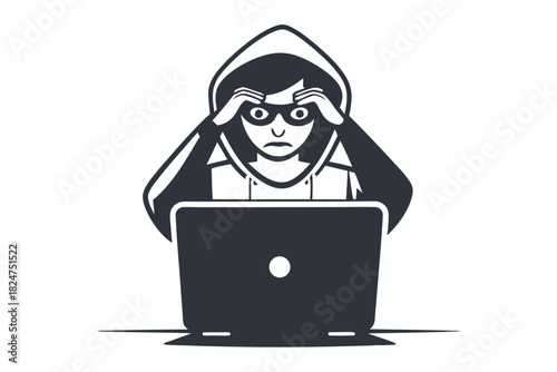 Anxious female hacker stares intensely at laptop screen while wearing hood and mask