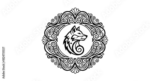 Intricate Wolf Emblem with Ornamental Frame - A Majestic Symbol of Nature and Strength