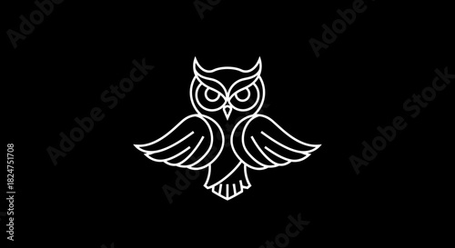 Elegant white owl illustration with spread wings against a solid black background, symbolic of wisdom and nocturnal nature