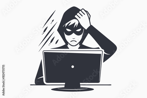 Confused hacker wearing mask sits before laptop, hand on head in dismay
