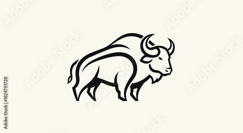 Elegant black line art illustration of a powerful bison. A minimalist standing buffalo logo design isolated on a clean background