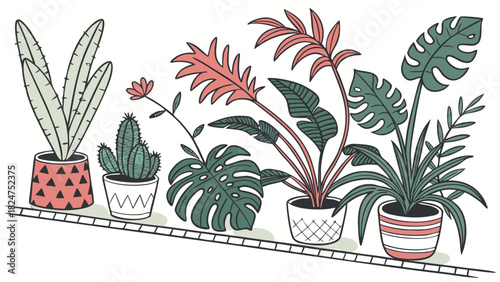 Indoor House Plants on Shelf Vector Illustration. Hand-drawn Doodle Monstera, Cactus, and Tropical Leaves