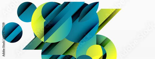 Abstract composition features overlapping circles, angled lines. Colors range from teal to yellow, creating dynamic visual effect. Modern design.