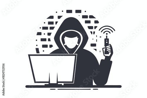 An enigmatic hooded figure operates a laptop while holding a signalemitting device aloft