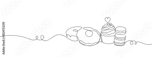 Bakery Donuts Cupcakes Macarons in one continuous line line design vector illustration Editable stroke.