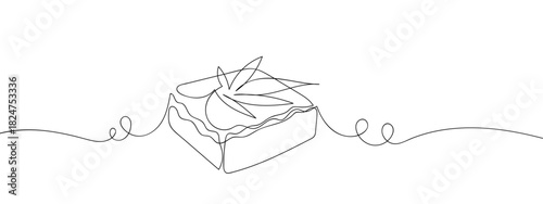 Brownies and cannabis leaves in one continuous line. line design vector illustration Editable stroke.