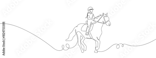 Female equestrian in one continuous line line design vector illustration Editable stroke.