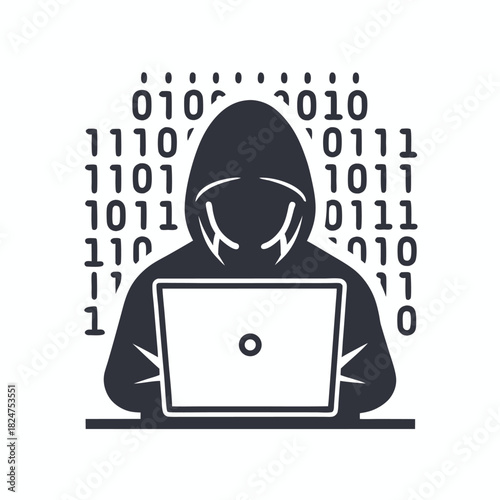 Dark silhouette of a hooded figure with laptop and digital network connections is visible