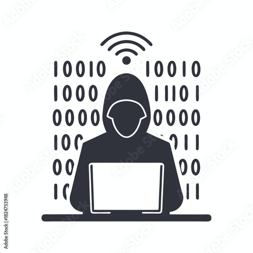 Anonymous hooded figure surrounded by multiple computer monitors shows digital network connections around the person