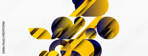 Abstract geometric composition. Circles, ovals, lines intersect creating dynamic visual effect. Yellow, blue hues dominate design.