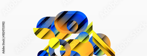 Abstract geometric shapes overlap, creating vibrant composition. Yellow, orange, blue tones dominate design. Modern, dynamic visual.