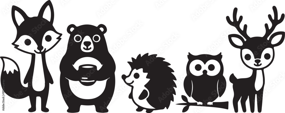 Fototapeta premium Black and white cartoon silhouettes of a fox, bear, hedgehog, owl, and deer standing in a row Keywords: cartoon, silhouette, animals, fox, bear, hedgehog, owl, deer, forest on transparent background