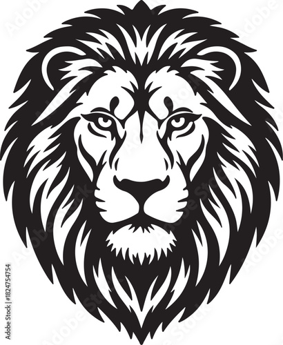 Black and white illustration of a majestic lion's head with a full mane and intense eyes Keywords: lion, head, illustration, black and white, majestic, mane, regal, on transparent background