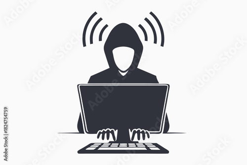 Anonymous hooded hacker types at a computer, transmitting wifi signals into cyberspace