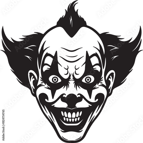 Black and white illustration of a scary clown face with wild hair, wide eyes, and a sinister grin horror on transparent background
