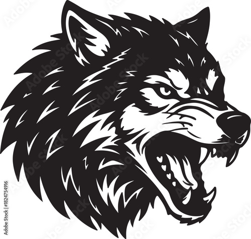 Black and White Illustration of an Aggressive Wolf Head Baring Teeth vector on transparent background