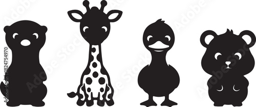 Collection of four cartoon animal silhouettes with white eyes and spots Keywords: animal, silhouette, cartoon, cute, otter, giraffe, duck, bear, cub, baby, wildlife, pet, on transparent background