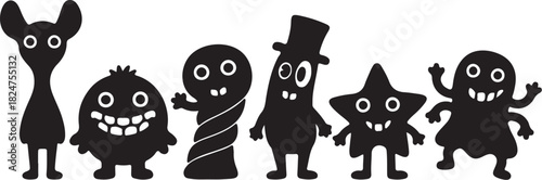 Diverse Silhouettes of Cartoon Monsters with Big Eyes and Teeth on White Background Keywords: monster, cartoon, silhouette, character, creature, alien, funny, cute, spooky, on transparent background