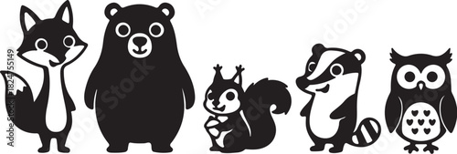 Five Cartoon Forest Animal Silhouettes on White Background animals on transparent background