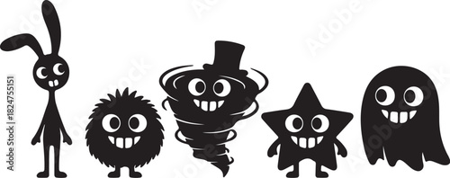 Five black silhouette cartoon monsters with different shapes and expressions on a white background creature on transparent background