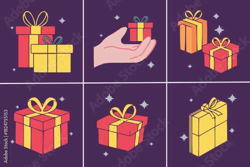 Colorful gift box vector set with ribbons and bows in flat festive style on dark purple background