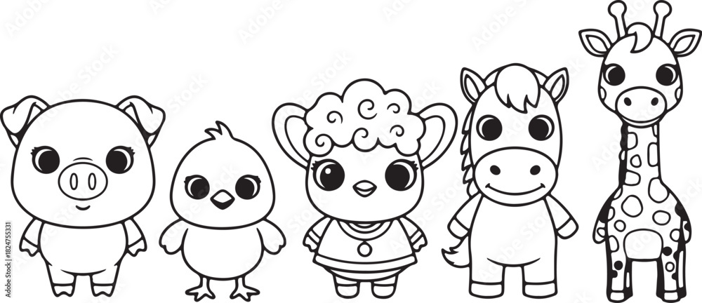 Fototapeta premium Pig Chick Sheep Horse and Giraffe Coloring Page Characters on White Background vector illustration on transparent background