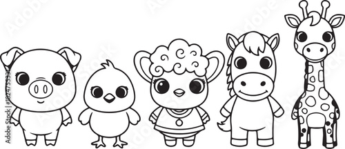 Pig Chick Sheep Horse and Giraffe Coloring Page Characters on White Background vector illustration on transparent background