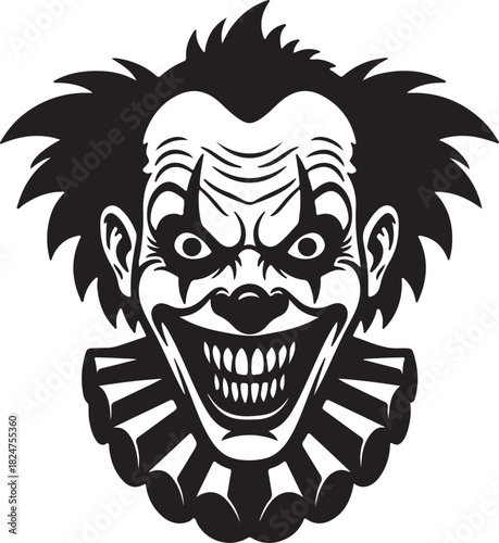 Scary clown face with wide grin and wild hair in black and white horror evil on transparent background