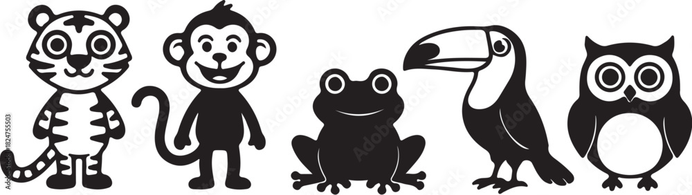 Naklejka premium Silhouettes of Cartoon Tiger Monkey Frog Toucan and Owl on White Background Keywords: tiger, monkey, frog, toucan, owl, animal, cartoon, silhouette, wildlife, bird, on transparent background