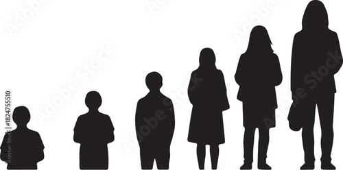 Silhouettes of five people of increasing height standing in a row on a white background Keywords: silhouette, people, group, standing, row, increasing height, scale, size, on transparent background