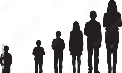 Silhouettes of six people of varying heights arranged in ascending order on a white background human on transparent background