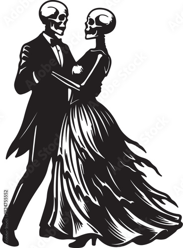 Skeletons in formal attire dancing romantically in black and white silhouette couple romance on transparent background