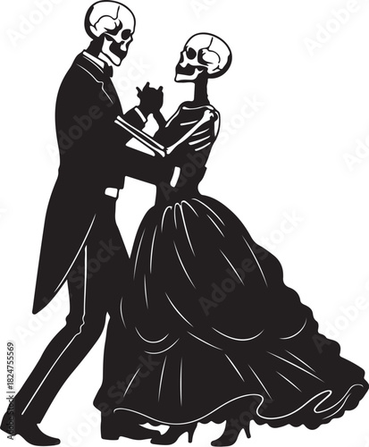 Skeleton Couple Dancing In Formal Attire Silhouette On White Background vector illustration on transparent background