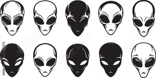 Ten stylized alien head icons in black and white with alternating fill and outline designs extraterrestrial on transparent background