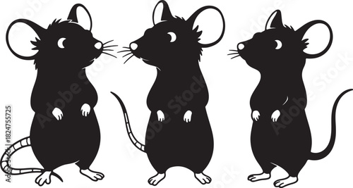 Three Black Silhouette Mice with Big Ears and Tails on White Background mouse rodent on transparent background