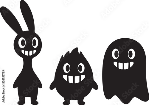 Three cartoon black silhouettes of a rabbit monster, a flame monster, and a ghost monster with white eyes and mouths Keywords: cartoon, silhouette, monster, rabbit, ghost, on transparent background
