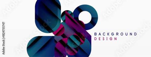 Abstract geometric shapes overlap, creating dynamic visual effect. Blue, purple, pink hues dominate white background. Modern design element.